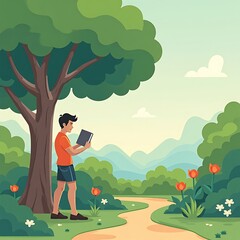 Tranquil Youth Reading Underneath Lush Tree in Serene Landscape