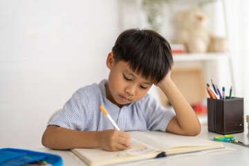 Asian boy studying with pencil at home smiling writing with notebook and school supplies, online...