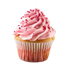 Pink cupcake with swirls of frosting and sprinkles