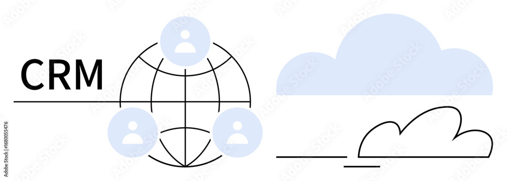 Poster crm network with user profiles connected via a globe, paired with cloud elements. ideal for customer