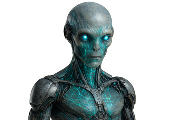 A captivating image of an alien with glowing blue eyes and intricate details. The extraterrestrial figure has a unique, otherworldly appearance.