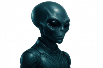 Alien astronaut wearing futuristic spacesuit, standing isolated with sleek metallic design, embodying cosmic exploration and sci-fi adventure