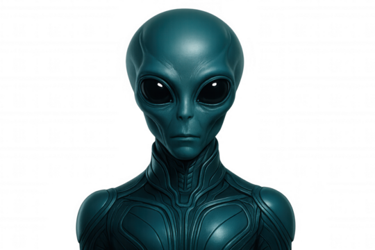 Highly detailed 3d rendering of a humanoid alien with smooth skin and large black eyes, wearing a futuristic suit, isolated on a transparent background