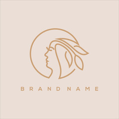 line art beautiful face with leaf shaped hair logo vector