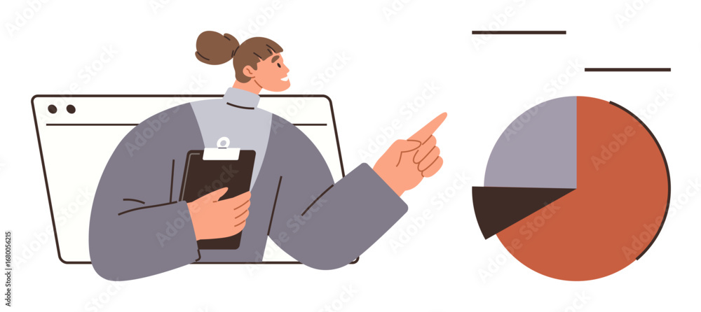 Poster person with clipboard pointing at segmented pie chart with data bars. ideal for business, analysis, 