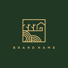 line art house trees and field logo vector