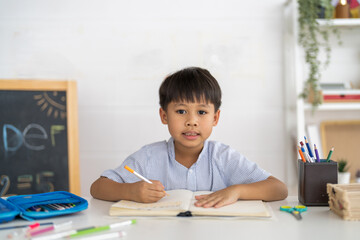 Asian boy studying with pencil at home smiling writing with notebook and school supplies, online learning, creative study in homeschooling, tutoring and learning course, kids education development