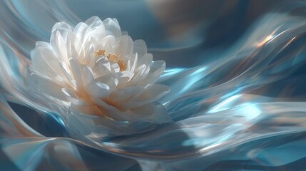 Obraz premium Elegant White Peony-Inspired Flower​ - Luminous Bloom with Golden Stamens on Flowing Blue Silk, for Luxury Beauty Packaging, Cosmetic Design, and Serene Decor.