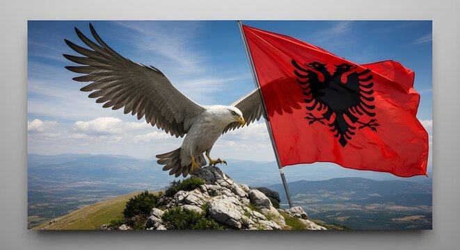Albanian eagle flying over mountain peak with albanian flag patriotic symbol photo