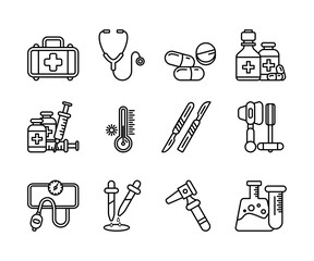 Medical tools outline icon set featuring stethoscope, syringe, thermometer, reflex hammer, blood pressure monitor, otoscope, and more. Ideal for healthcare, clinics, medical apps, education and more