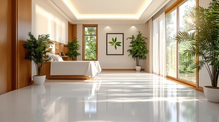 Fototapeta premium Bright Modern Bedroom Interior With Wooden Accents And Garden View