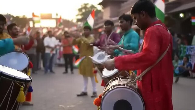 Indian drummers parade with sunset.