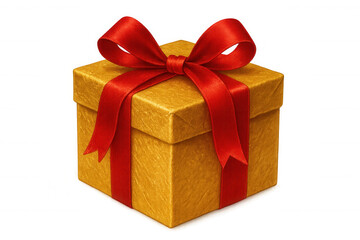 Obraz premium Golden gift box tied with red ribbon, sitting against transparent surface, symbolizing celebration, festivity, holiday surprise