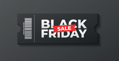 Black Friday coupon ticket with red SALE tag. Discount banner design template.