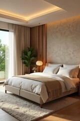 Serene bedroom interior featuring a plush bed, soft lighting, and natural wood accents, creating a calm and inviting atmosphere  Perfect for relaxation and peaceful sleep ,  rustic,  aesthetic