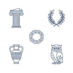 A collection of ancient Greek symbols in a blue line art style including a column wreath owl and amphora.