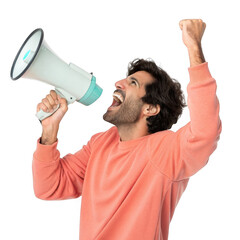 Man enthusiastically shouting into a megaphone with his fist raised isolated on transparent background