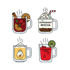 A collection of four illustrated hot winter drinks including mulled wine peppermint mocha eggnog and cranberry cider.