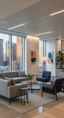 Fototapeta premium Stylish Modern Office Lounge with Cityscape View, Contemporary Furniture, and Abstract Art