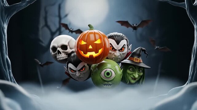 Spooky Halloween Characters Assemble with Flying Bats.