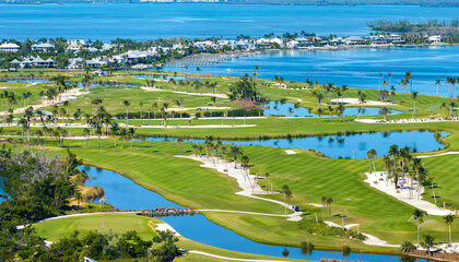 Golf course on ocean shore in southwest Florida. Seaside golfing field in Boca Grande