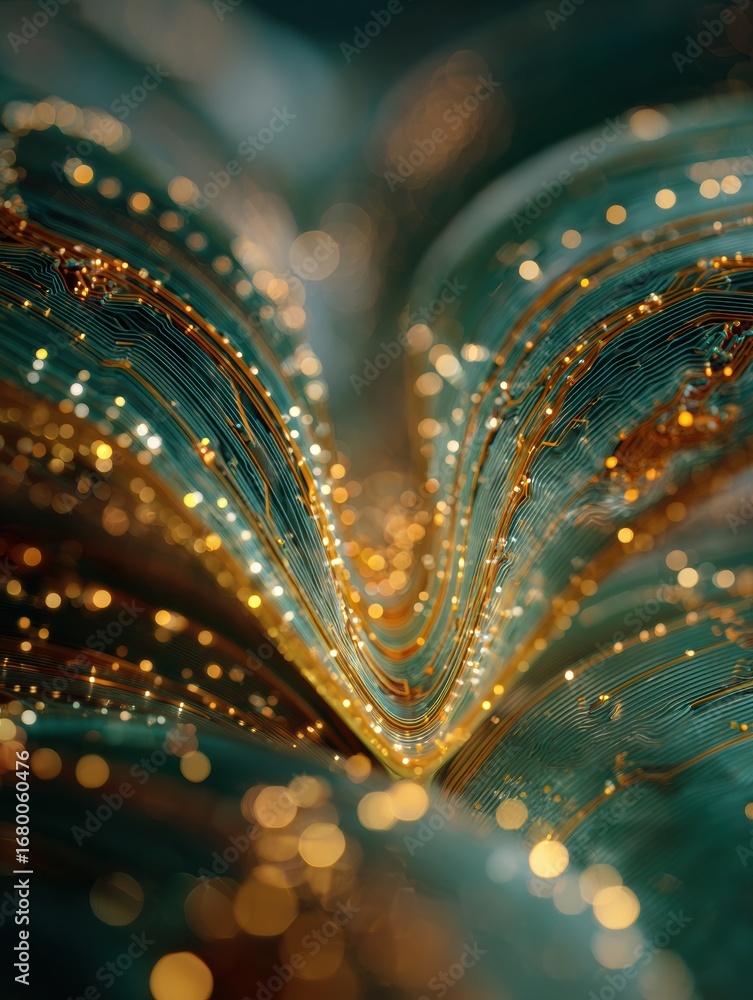 Poster intricate patterns of shimmering gold and teal light create a mesmerizing visual effect in a softly 