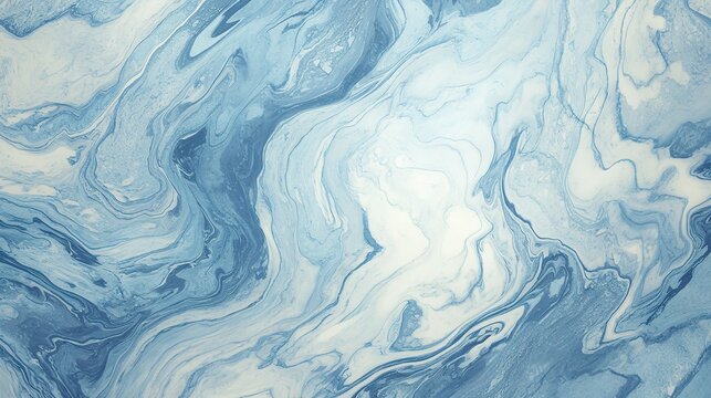 Top-down view of swirling blue and white marble with dark storm clouds at edges, light gray stone textured background enhancing depth and sea wave natural beauty