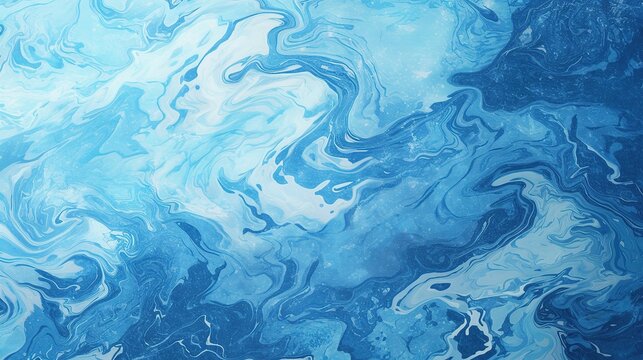 Top-down view of swirling blue and white marble with dark storm clouds at edges, light gray stone textured background enhancing depth and sea wave natural beauty