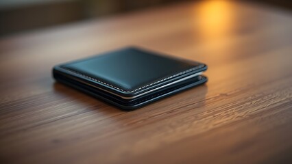 A sleek wallet lies on a wooden surface, highlighted by warm ambient lighting in a minimalist setting.