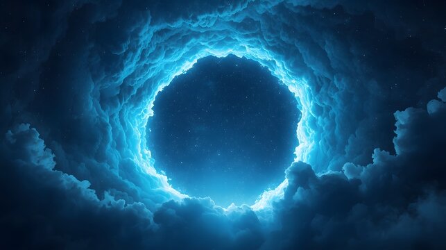 Dramatic circular portal of glowing blue clouds opening into starry night sky, surreal cosmic gateway concept perfect for fantasy, science fiction, and mystical atmospheric background design