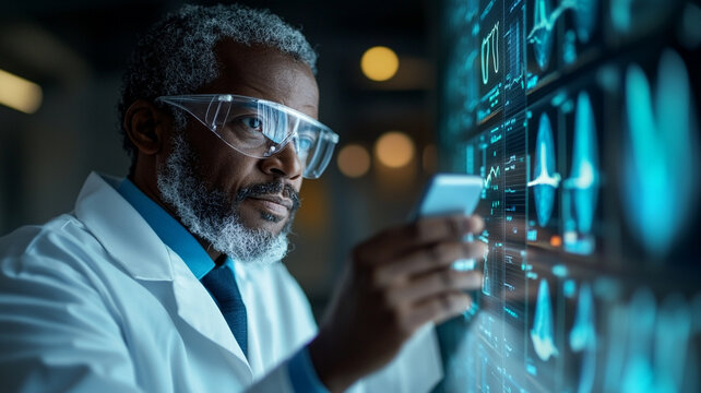 Focused Scientist Reviewing Medical Data on Digital Screens