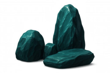 Turquoise cartoon rocks varying in size and form, positioned against transparent backdrop, presenting whimsical graphical composition
