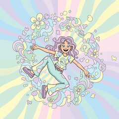 Joyful cartoon girl with long purple hair jumping happily amidst psychedelic flowers and swirls.