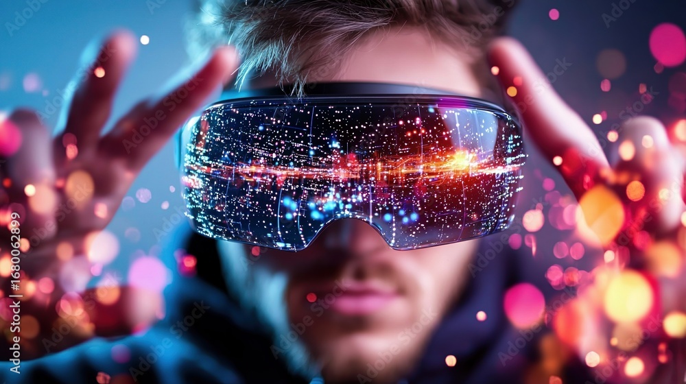 Poster Person Interacting With Futuristic Virtual Reality Interface Displaying Particles and Lights. Digital Interaction