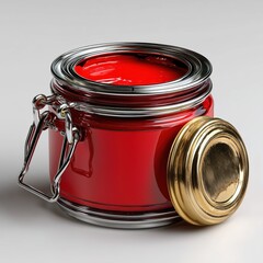 A shiny glass jar filled with thick red paint, open with a golden lid, symbolizing creativity and bold artistic expression.