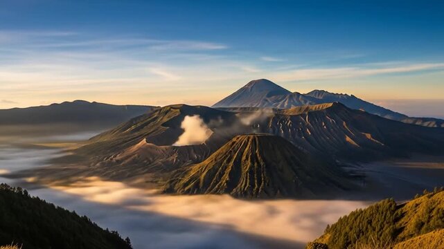 Scenic Sunrise Over Mount Bromo Volcano in Indonesia with Misty Clouds and Golden Light, Awe