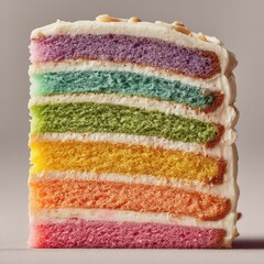 A close-up of a colorful rainbow cake slice with multiple vibrant layers and creamy frosting.