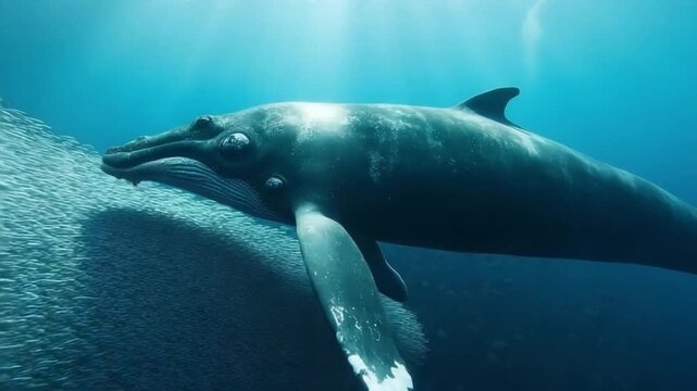A Majestic Whale Swimming Amongst a Vast School of Fish