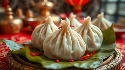 Steaming dumpling on bamboo leaves with chili threads, set against a festive red and gold table arrangement.