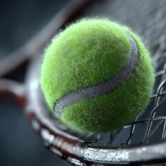 A detailed close-up of a bright green tennis ball resting on the strings of a racket, capturing sport and motion.
