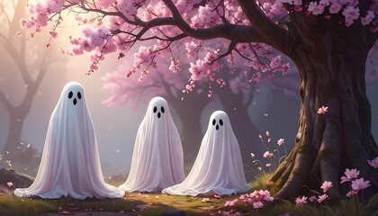 Three ghosts beneath a blossoming cherry tree