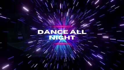 Dynamic 'Dance All Night' text with radiating blue and purple light trails, energetic abstract background for events - Powered by Adobe