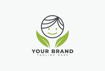 Smile Child Face and Leaf Logo Design Element