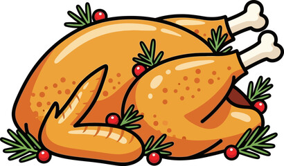 Roasted Turkey with Cranberries and Herbs, Festive Cartoon Illustration