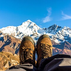 Hikers Boots with Majestic Snow-Capped Mountain Peaks Under a Clear Blue Sky.