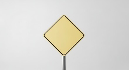 Minimalist Blank Yellow Diamond Road Sign Template on Pole, Isolated on White for Customization.