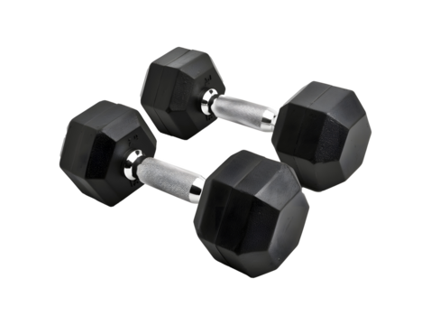 pair of black rubber dumbbells isolated on transparent background for fitness, gym, and bodybuilding training concept