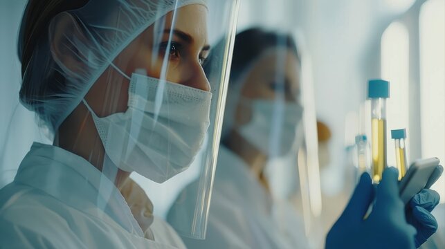 People, mask or scientists on tablet for liquid results, life extension or antiaging medicine in laboratory. Teamwork, vial or biologists with chemistry research, test tube or science info update