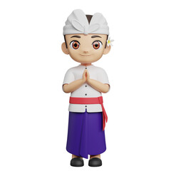 3D model of Balinese man character in traditional clothes, greeting gesture with hands, perfect for cultural animation, design, rendering, decoration projects.
