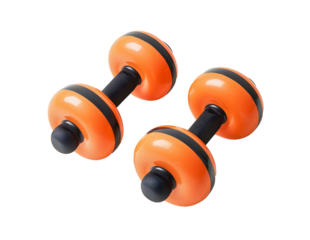 pair of orange dumbbells isolated on transparent background for workout, fitness training, and healthy lifestyle concept